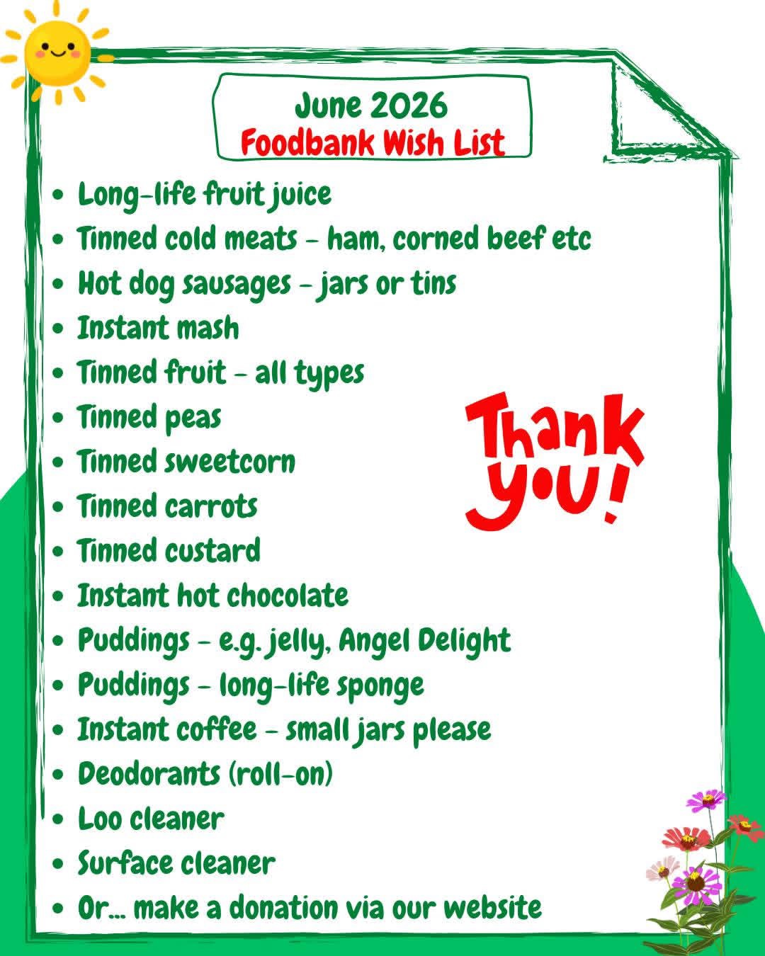 List of items urgently needed for the Food Bank this month